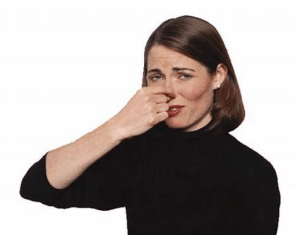 Lady reacting to foul odors. A common sign of indoor air problems in need of home air testing services like those provided by our company. 