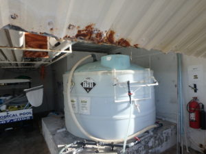 Pool chlorine storage tank causing corrosion in a metal shed in Key Largo in the Fl Keys. We discovered this during Indoor Pollutant Testing at a commercial building.